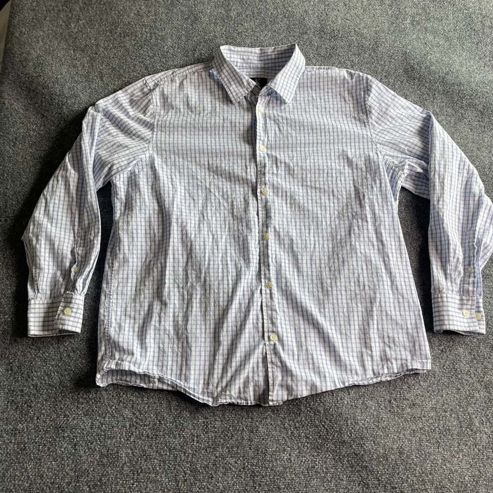 Calvin Klein Mens XL Blue White Grid Plaid Cotton Button Down‎ Shirt Long Sleeve